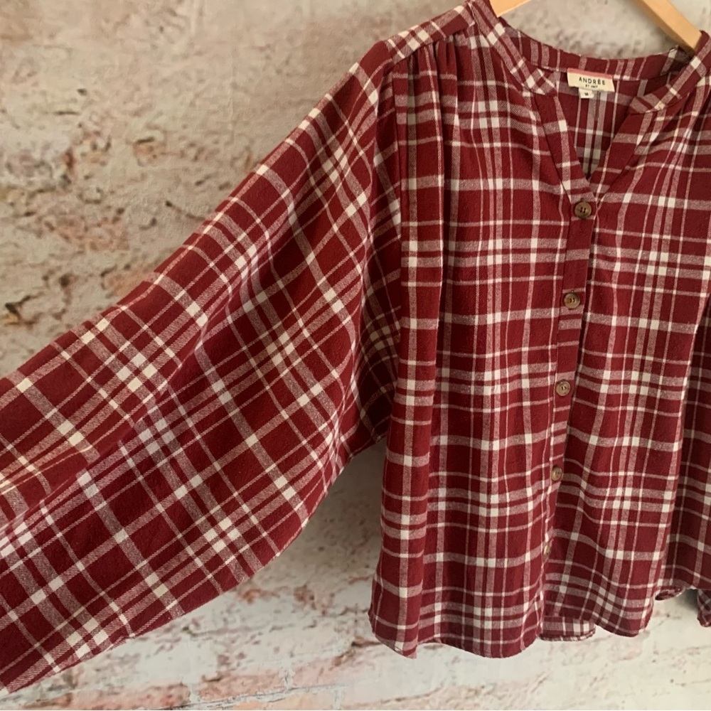 Andree by Unit Burgundy Plaid Button-Front Top - Picture 2 of 6